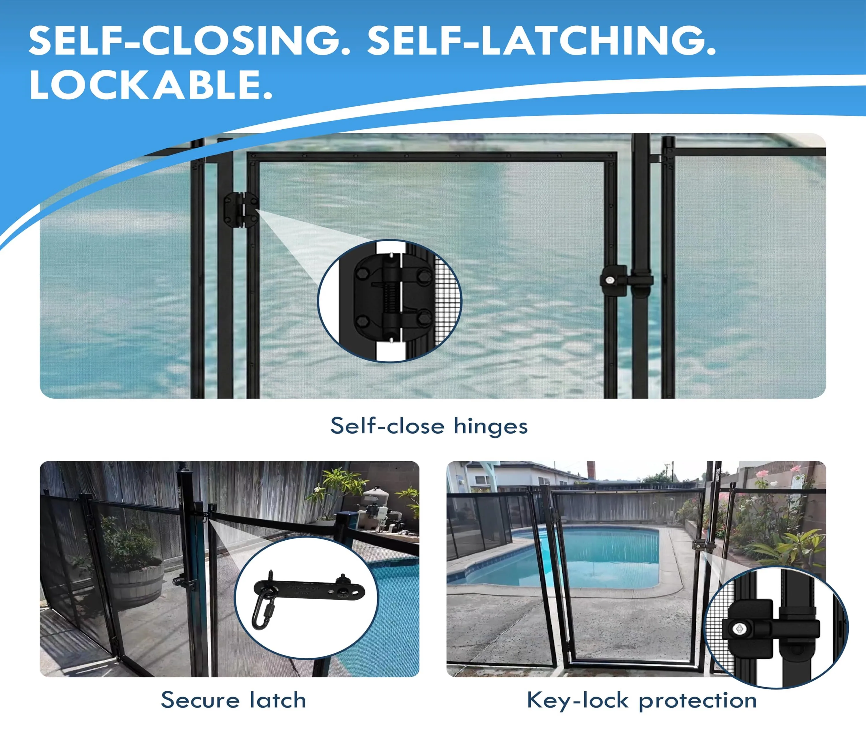Self-closing gate for pool safety fence with controlled child-safe access