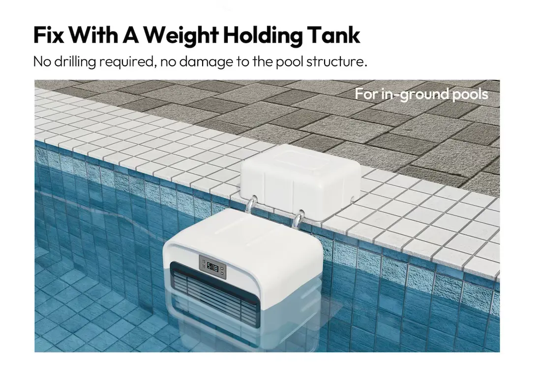 Vikstar swim jet with a weight-holding tank at the pool edge